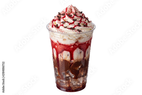 Blood orange dark mocha iced frappe with whipped cream and bat sprinkles in plastic cup