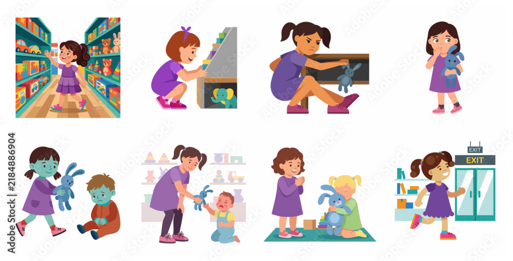 Fototapeta premium Vector Illustration Set of Child Behavior and Ethics at Toy Store Depicting Shoplifting, Guilt, Sharing, and Kindness