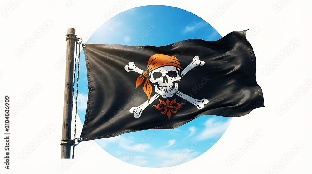 Fototapeta premium Waving jolly roger pirate flag against a blurred blue sky background