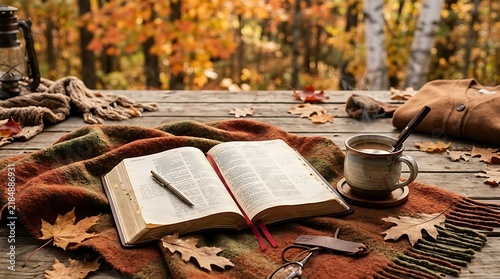 Cozy autumn reading scene with open book and hot beverage outdoors