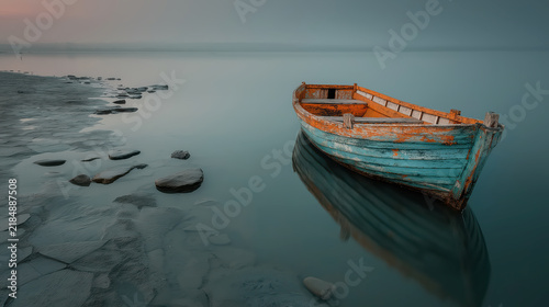 Serene Waters: A weathered wooden boat rests calmly on the tranquil surface of a still lake, reflecting the soft hues of the twilight sky.