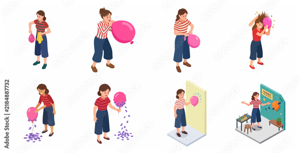Fototapeta premium Isometric Girl Performing Static Electricity Science Experiment with Pink Balloon Set for Education and Science Fair Projects