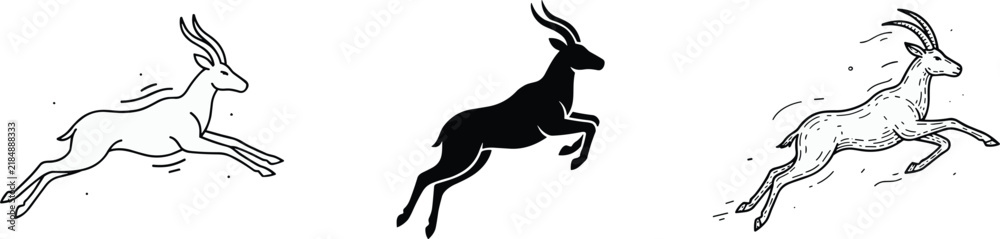 Fototapeta premium Running Gazelle and Antelope Vector Set with Jumping Deer Silhouette Line Art and Hand Drawn Engraving Style Animals for Nature Emblem Logo Designs