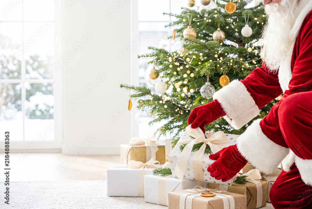 Fototapeta premium Santa Claus unwrapping gifts by a decorated Christmas tree 