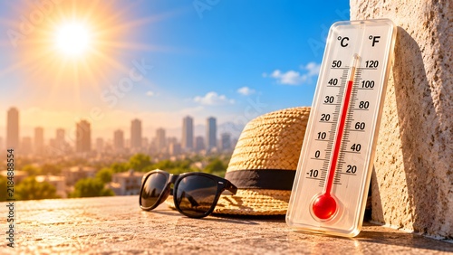 Extreme summer heat wave concept with thermometer showing high temperature, sunglasses, and straw hat against sunny city.