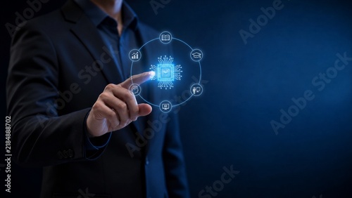 Businessman touching holographic AI chip interface for digital transformation technology