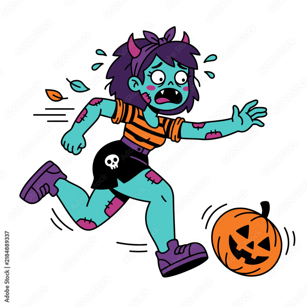 Obraz premium Cartoon Zombie Girl Running From Pumpkin Halloween.