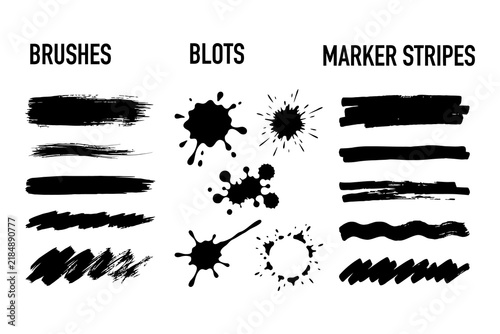 Black ink brush strokes and blot collection with hand drawn brush stroke marker lines strokes set abstract shapes ink splatter graphic resources texture background paint design assets