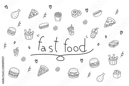Hand drawn fast food doodle collection background.
