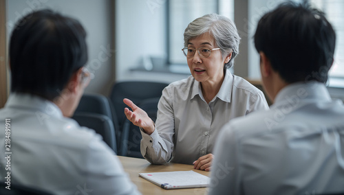 Naklejka 共有スペースで仕事の説明をする高齢女性