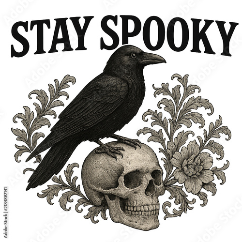 Halloween gothic grunge theme with crow on skull, spooky design. Isolated on transparent background