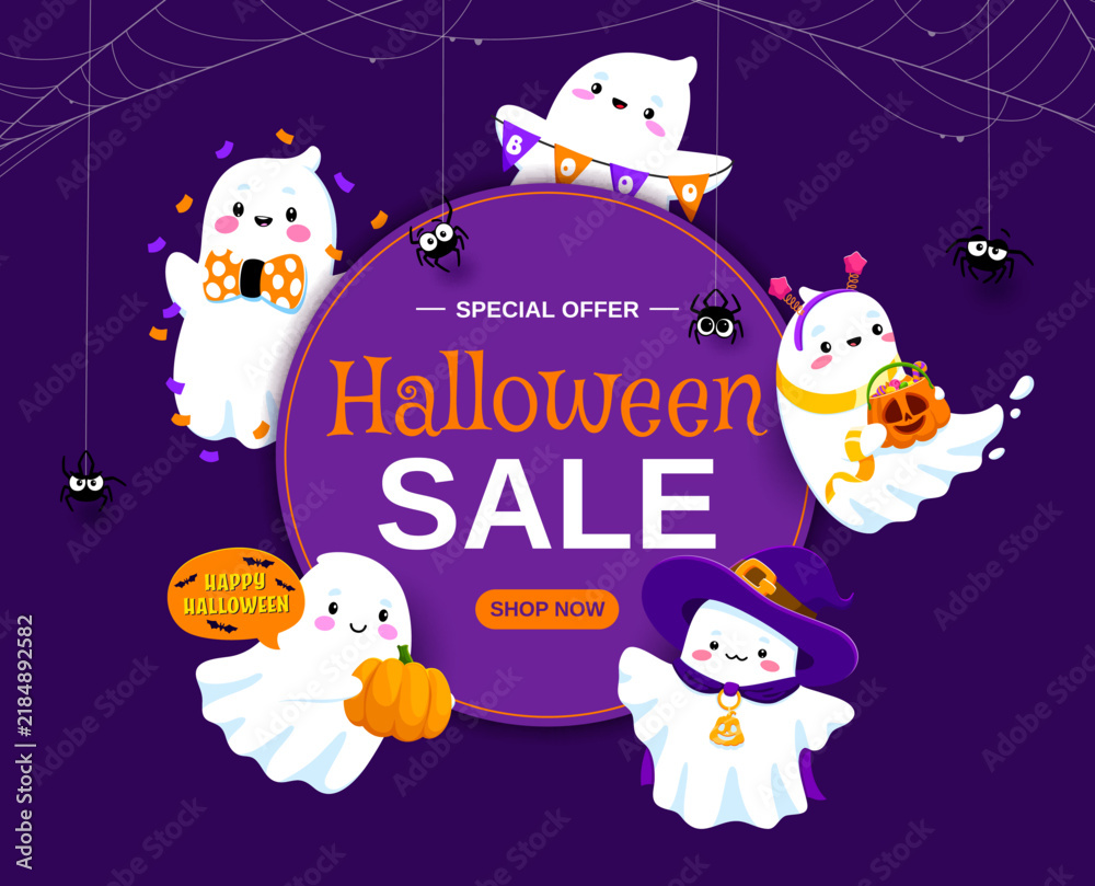 Fototapeta premium Halloween sale vector banner with cartoon kawaii ghost characters and hanging spiders on cobweb threads. Halloween holiday sales offer flyer of cute white ghosts with pumpkins, witch hat and candies