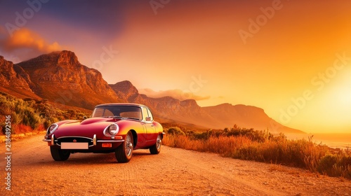 A classic red car parked on a scenic road at sunset, surrounded by mountains and ocean views