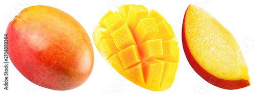 Three types of mango fruit showing whole and sliced varieties