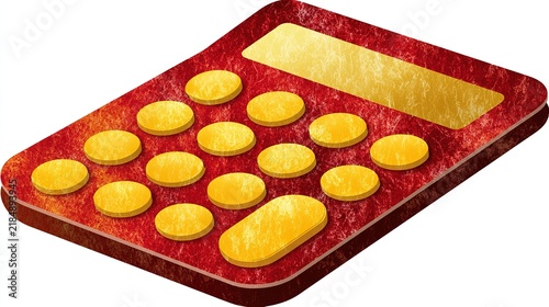 Red calculator button keys, Golden yellow textured design, Financial accounting digital device