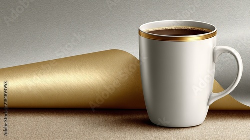 White coffee mug with gold rim, Minimalist studio setup background, Morning beverage advertising element