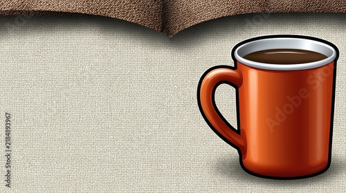 Orange coffee mug background, Textured fabric horizontal banner, Cafe beverage breakfast element