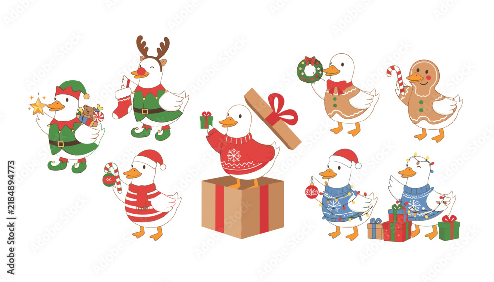 Naklejka premium Collection of eight cute ducks in various christmas costumes like elves and reindeer are interacting with holiday gifts and decorations on white.
