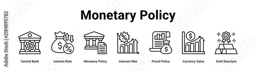 Foto Monetary Policy web banner icon vector illustration concept for business with icon of Central Bank, Interest Rate, Monetary Policy, Interest Hike, Fiscal Policy, Currency Value