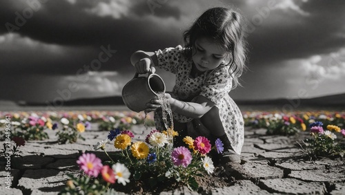 Girl Watering Flowers in Dry Cracked Field