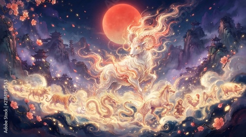 Chinese zodiac goat with twelve glowing animals under red moon