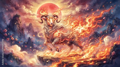 Fiery ram in celestial landscape under red moon background