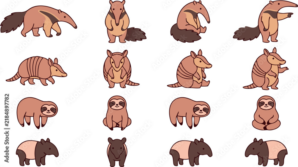 Obraz premium Cute South American Wild Animal Cartoon Vector Character Set with Anteater Armadillo Sloth and Tapir for Children Game and Storybook Graphic Designs