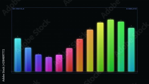Colorful digital audio equalizer bar chart animation on black background.