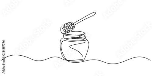 Continuous line drawing of a honey jar with a dipper on top, showcasing a minimalist and elegant design, A continuous line drawing of a honey jar with a dipper, Vector continuous one single line 