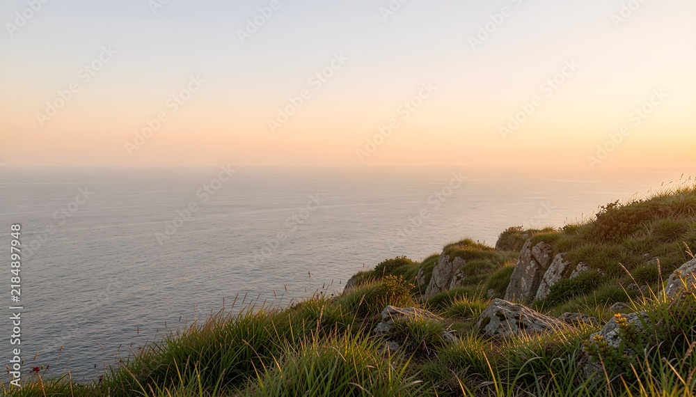 Obraz premium grassy cliff facing ocean during sunset