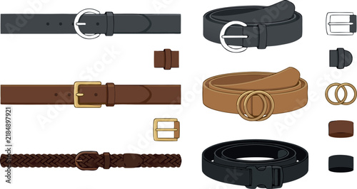Leather Belt and Waistband Fashion Accessory Vector Icon Set with Metal Buckles Woven Straps and Rolled Trousers Fasteners for Apparel Mockup Designs