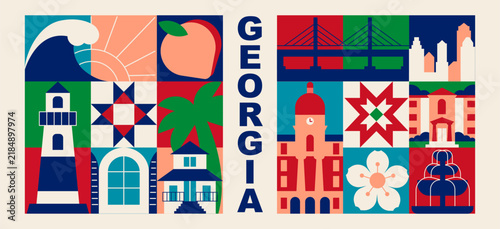 Georgia USA Square Banner Set with Travel Landmarks, Savannah Architecture