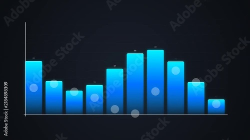 Animated blue bar charts showing financial growth and data statistics on dark background.