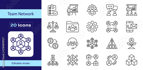 Team network editable line icon set for business collaboration.
