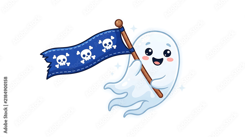 Obraz premium Playful cartoon ghost happily waving a pirate flag with skull and crossbones