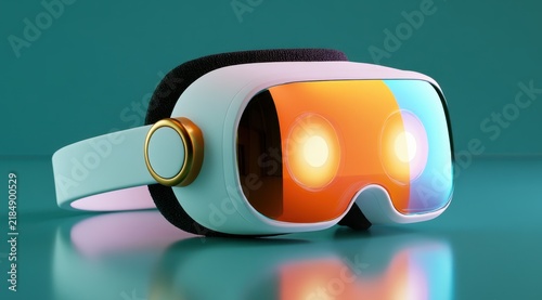 Modern virtual reality headset with glowing orange lenses resting on a teal surface