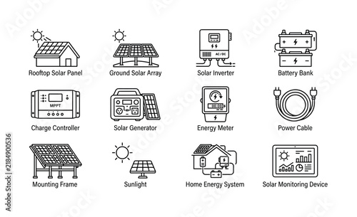 Solar power systems. Line outline icon set of Solar power systems: rooftop solar panel, ground solar array, solar inverter, battery bank, charge controller, solar generator, energy meter, power cable,