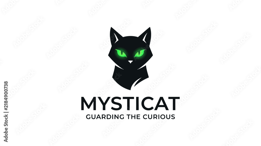 Obraz premium Minimalist black cat logo with glowing neon green eyes and text MYSTICAT GUARDING THE CURIOUS on white background, stylized feline mascot vector illustration for brand identity.