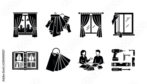 Selecting Curtains or Drapes for Windows. Filled icon set of Selecting Curtains or Drapes for Windows: window with curtains, person choosing fabric samples, curtain rod with drapes, measuring window