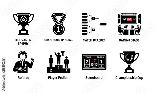 Esports Tournament. Filled icon set of Esports Tournament: tournament trophy, championship medal, match bracket, gaming stage, referee, player podium, scoreboard, championship cup. Solid icons set.
