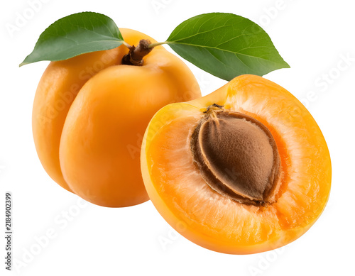 Freshly cut apricot halves with vibrant orange flesh and green leaves attached on a clean background isolated on transparent background