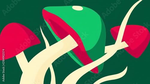 Stylized Mushroom Illustration with Red and Green Caps on Dark Green Background.