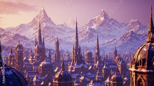 Epic Fantasy Cityscape with Snow-Capped Mountains at Sunrise.