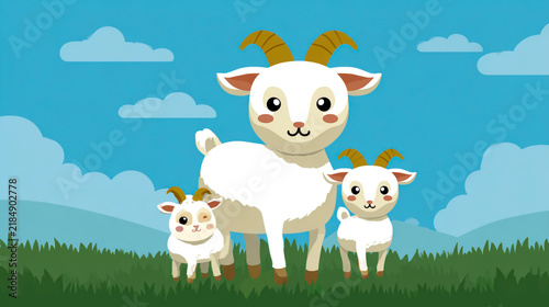 Cartoon of a goat mother with two baby goats on the grassland.