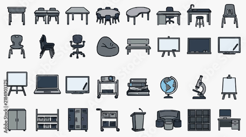 Comprehensive collection of school and office furniture and equipment icons
