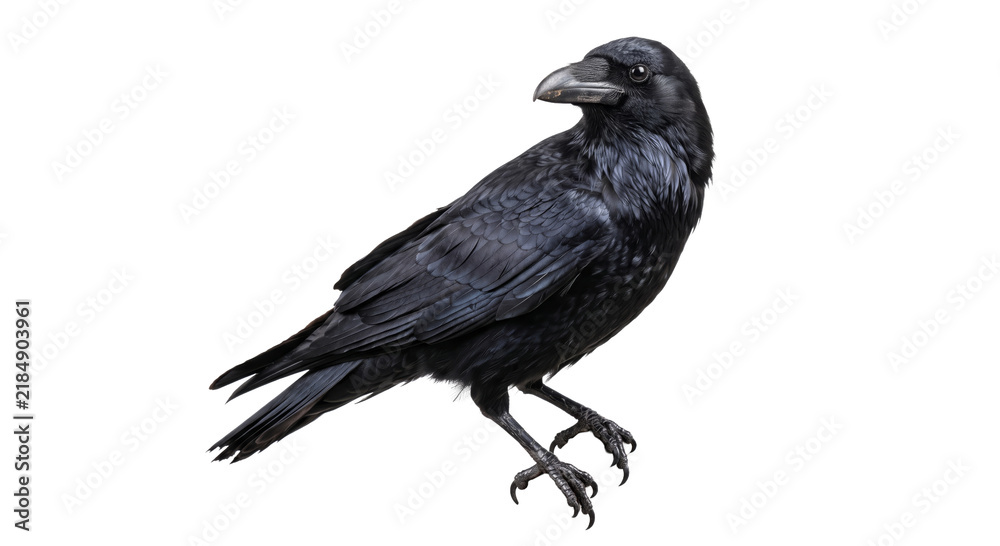 Fototapeta premium A detailed studio portrait of a black raven perched against a pure white background