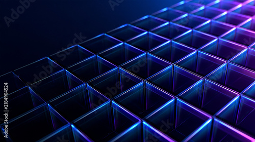 Futuristic Glass Cubes Grid with Glowing Neon Light
