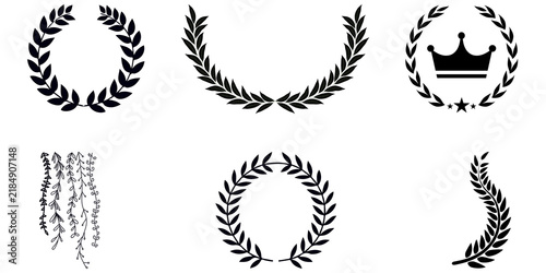 Fotografie Set of black silhouette circular laurel foliate, wheat and oak wreaths depicting
