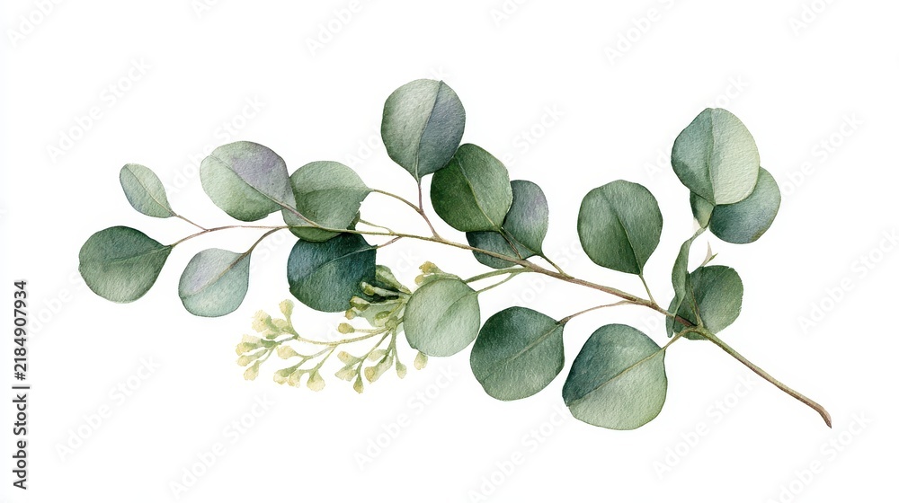 Obraz premium Watercolor eucalyptus branch with green round leaves and small buds isolated on white background