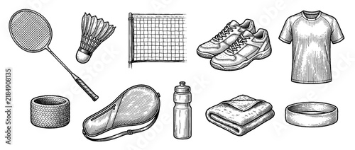 Badminton Sports Equipment Set with Racket, Shuttlecock, Sneakers, and Gear, Vintage Hand-Drawn Engraving Style Vector Illustration on White